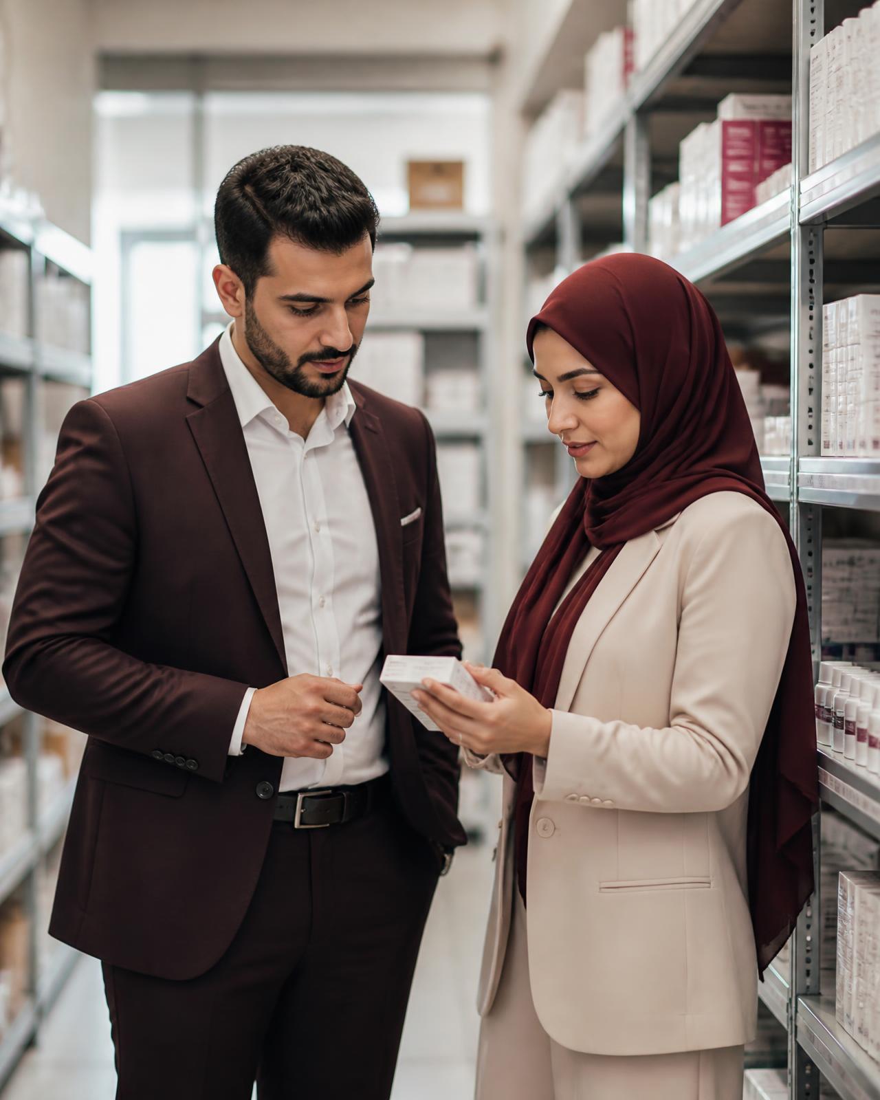 فريق يراجع احتياجات التوريد الصحي داخل مستودع منظم